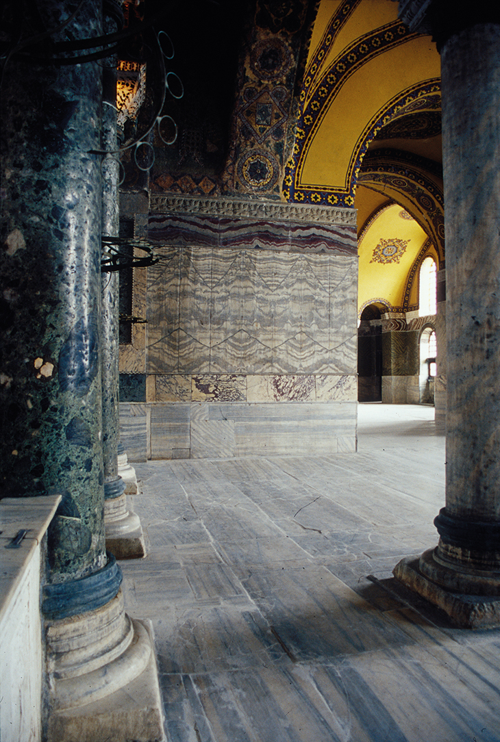 The North Gallery of Hagia Sophia, Istanbul, with ‘accordian’ style book-matched marble slabs on the far wall.