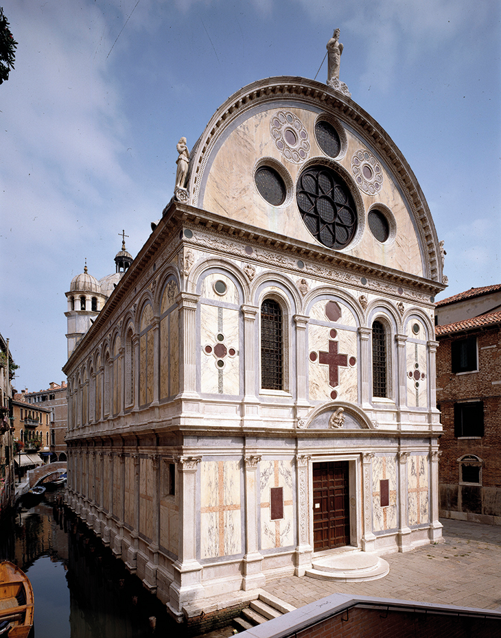 The facade of Santa Maria dei Miracoli, Venice, by Pietro Lombardo and others, built 1481–87 and clad in 10 varieties of marble.