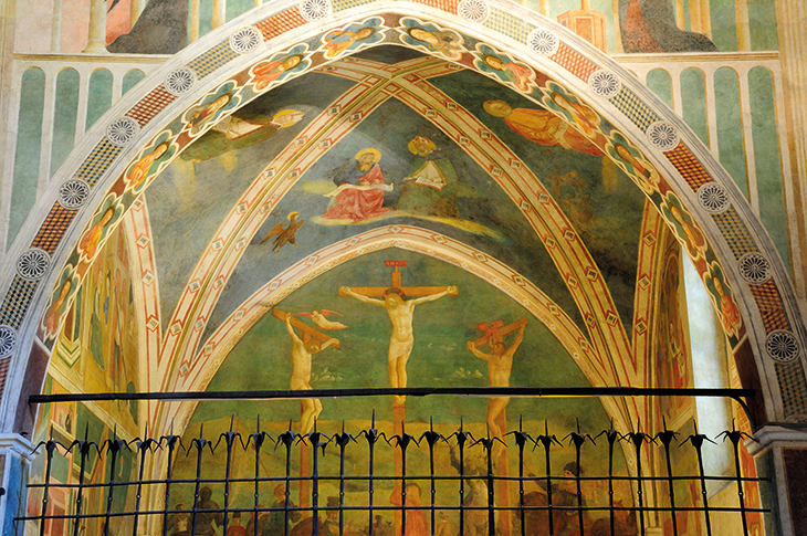 The Castiglione Chapel in the Basilica di San Clemente, Rome, with frescoes by Masolino da Panicale depicting the lives of Saint Catherine of Alexandria (left wall) and Saint Ambrose of Milan.