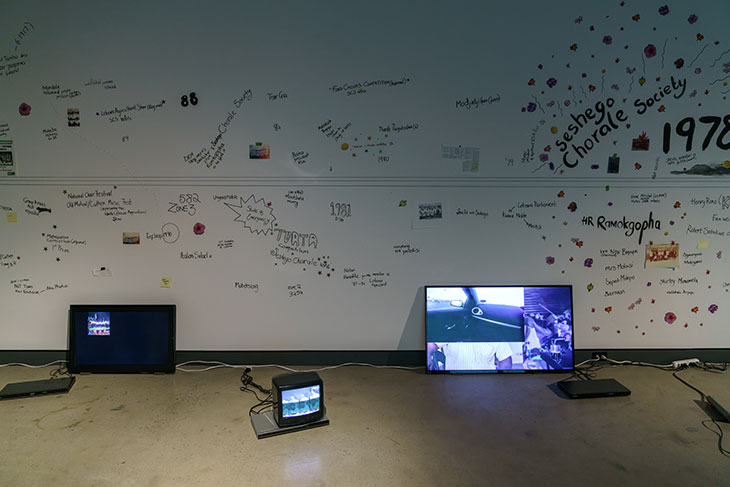 Sa koša ke lerole (Polokwane Choral Society Archive Project) (2016–ongoing), Dineo Seshee Bopape. Installation view at La Biennale de Montréal, 2016.