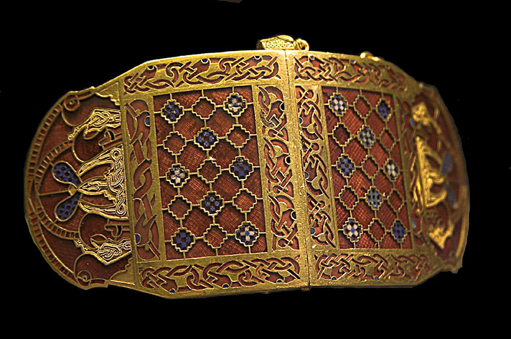 An Anglo-Saxon shoulder clasp from the Sutton Hoo ship burial. British Museum.