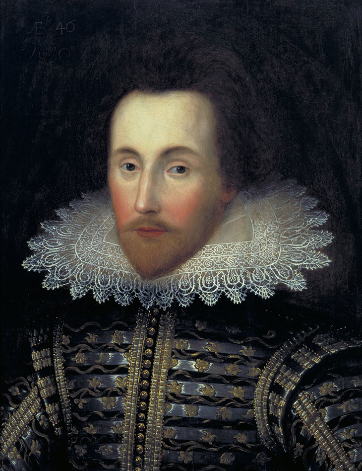 The Jannsen portrait (early 1610s; altered before 1770), unknown artist. Folger Shakespeare Library, Washington, D.C.