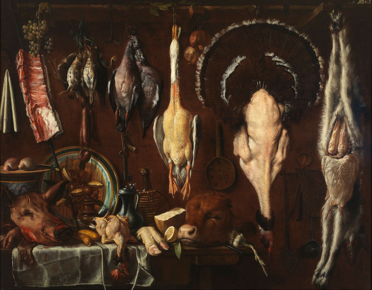Pantry with pig’s head and trotter, calf’s head, turkey, poultry and other food (1624), Jacopo Chimenti (‘L’Empoli’). Gallerie degli Uffizi, Florence