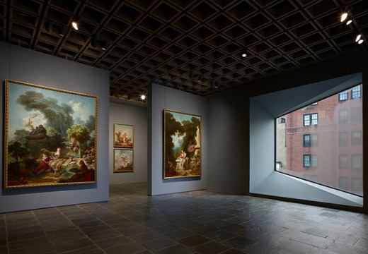 Four panels of Fragonard’s series The Progress of Love on the fourth floor of the Frick Madison.
