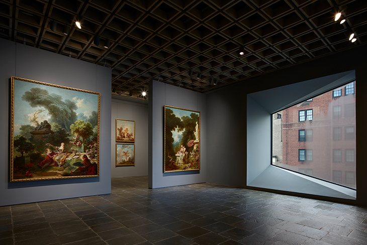 Four panels of Fragonard’s series The Progress of Love on the fourth floor of the Frick Madison.