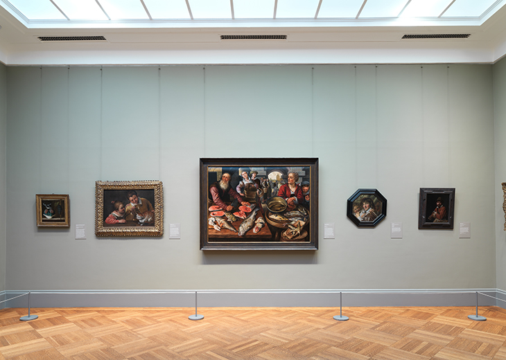 Installation view of Gallery 627, dedicated to still lifes, including Joachim Beuckelaer’s Fish Market and works by Clara Peeters and Orsola Maddalena Caccia.