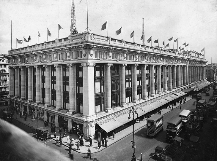 Selfridges on Oxford Street, London, designed by Daniel Burnham with later additions by R.F. Atkinson and T.S. Tait of Sir John Burnet & Son and photographed in 1929 by Sydney W. Newbury.