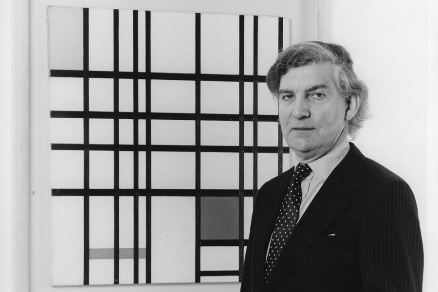 Alan Bowness with Piet Mondrian’s Composition with Yellow, Blue and Red at the Tate, 1980