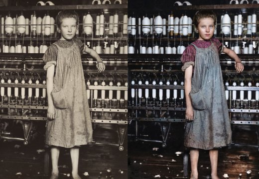 Left: Addie Card, 12 Years Old, Spinner in cotton mill, North Pownal, Vermont (1910), Lewis Hine. National Gallery of Art, Washington, D.C. Right: Digital colourisation of Lewis Hine’s photograph of Addie Card by Marina Amaral. Photo: © Marina Amaral