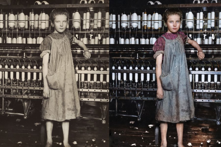 Left: Addie Card, 12 Years Old, Spinner in cotton mill, North Pownal, Vermont (1910), Lewis Hine. National Gallery of Art, Washington, D.C. Right: Digital colourisation of Lewis Hine’s photograph of Addie Card by Marina Amaral. Photo: © Marina Amaral