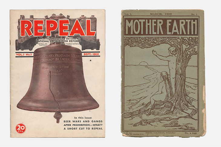 (Left) ‘Repeal: A Monthly Magazine Devoted to National Prohibition Reform’, volume 1, number 1, September 1931; (right): ‘Mother Earth’, volume 1, number 1, March 1906. An anarchist literary and political monthly edited by Emma Goldman.