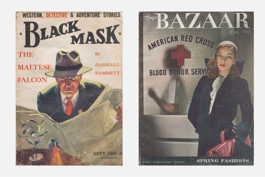 Left: ‘Black Mask’, vol. 12, no. 1, September 1929, contains the first part (of five) of ‘The Maltese Falcon’ by Dashiell Hammett; right: ‘Harper’s Bazaar’, vol. 77, no. 3, March 1943, featuring Lauren Bacall on the cover.