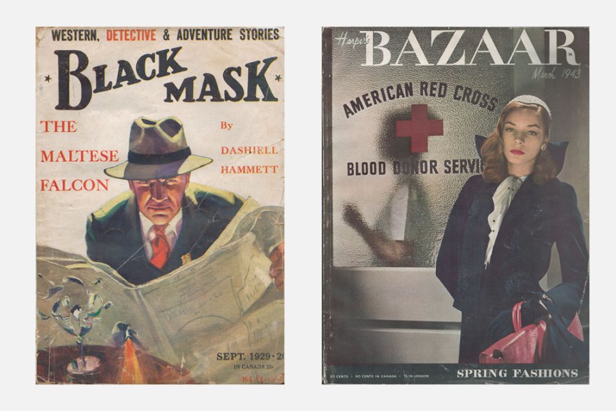 Left: ‘Black Mask’, vol. 12, no. 1, September 1929, contains the first part (of five) of ‘The Maltese Falcon’ by Dashiell Hammett; right: ‘Harper’s Bazaar’, vol. 77, no. 3, March 1943, featuring Lauren Bacall on the cover.