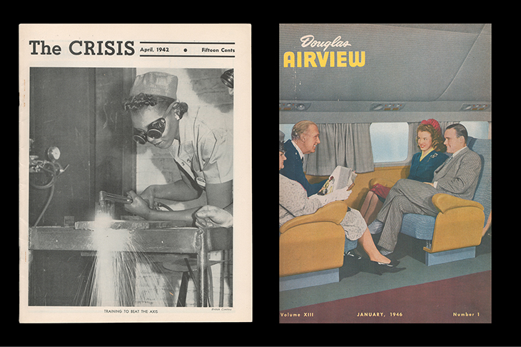 (Left): ‘The Crisis: A Record of the Darker Races’, volume 49, number 4, April 1942; (right): ‘Douglas Airview’, volume 13, number 1, January 1946. The cover contains the first published image of Norma Jean Dougherty, later known as Marilyn Monroe.