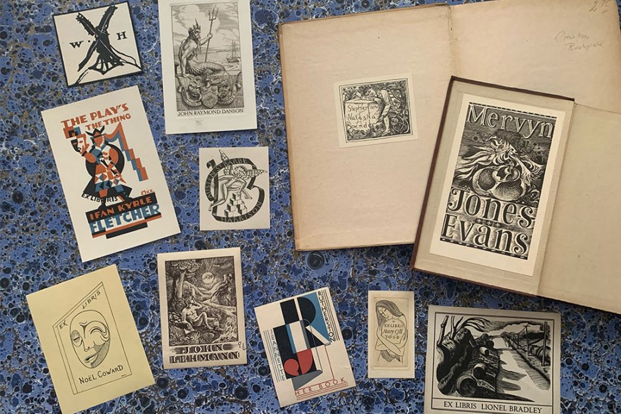 A selection of the bookplates in Simon Martin’s collection, showing the following plates (clockwise from top left): William Nicholson’s for William Heinemann; Stephen Gooden’s for John Raymond Danson; John Craxton’s for Stephen and Natasha Spender; Keith Vaughan’s for Mervyn Jones Evans, John Nash’s for Lionel Bradley, Eric Gill’s for Mary Gill, E. McKnight Kauffer’s for Jeanette Rutherston, Keith Vaughan’s for John Lehmann, Gladys Calthrop’s for Nöel Coward, and E. McKnight Kauffer’s for Ifan Kyrle Fletcher.