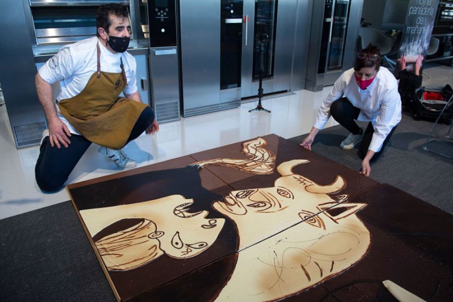 Cubes of cubism: chocolatiers at work on their rendering of Picasso’s anti-war masterpiece in April 2021.