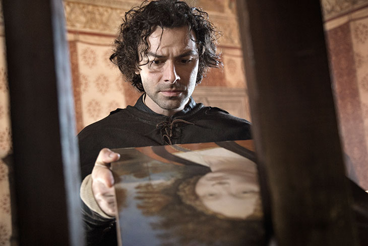 Still from Leonardo (2021), showing the artist holding his portrait of Ginevra de' Benci, one of the first-known three-quarter-view portraits in Italian art