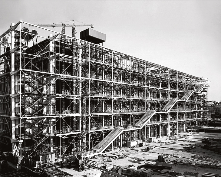 The Centre Pompidou, Paris, designed by Richard Rogers and Renzo Piano and photographed in August 1976 in the course of construction