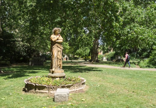 Terracotta statue of Euterpe, the Muse of instrumental music, in St George's Gardens, Bloomsbury.