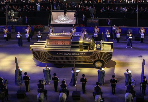 A specially designed vehicle transports the mummy of King Seqenenre Taa from the Egyptian Museum in Tahrir Square to the new Museum of Egyptian Civilization on 3 April 2021.
