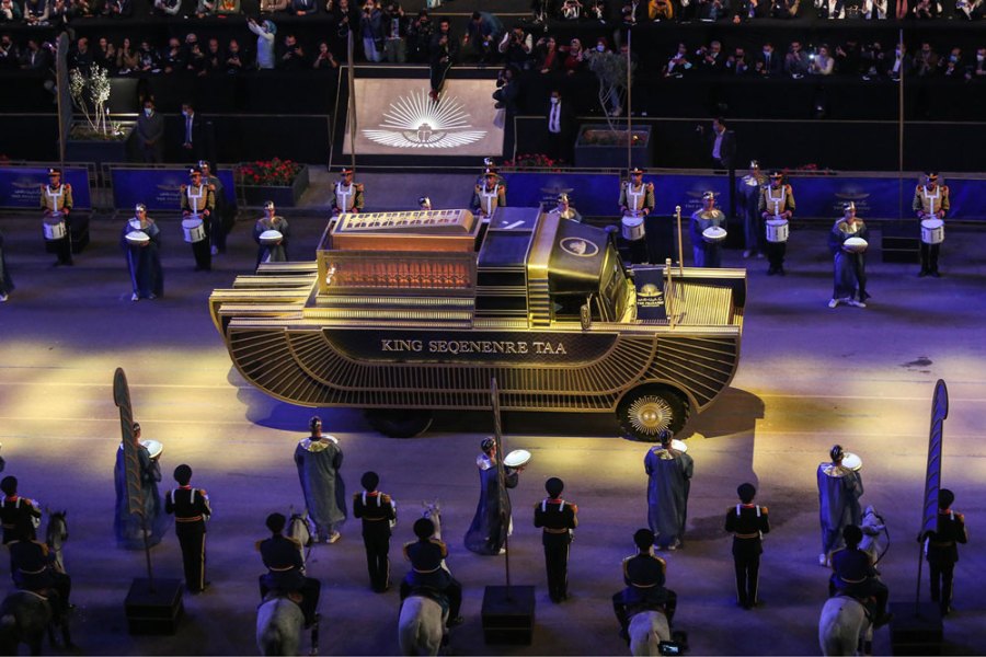 A specially designed vehicle transports the mummy of King Seqenenre Taa from the Egyptian Museum in Tahrir Square to the new Museum of Egyptian Civilization on 3 April 2021.
