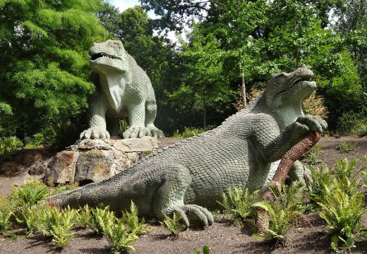 Two of the dinosaur sculptures in Crystal Palace Park.