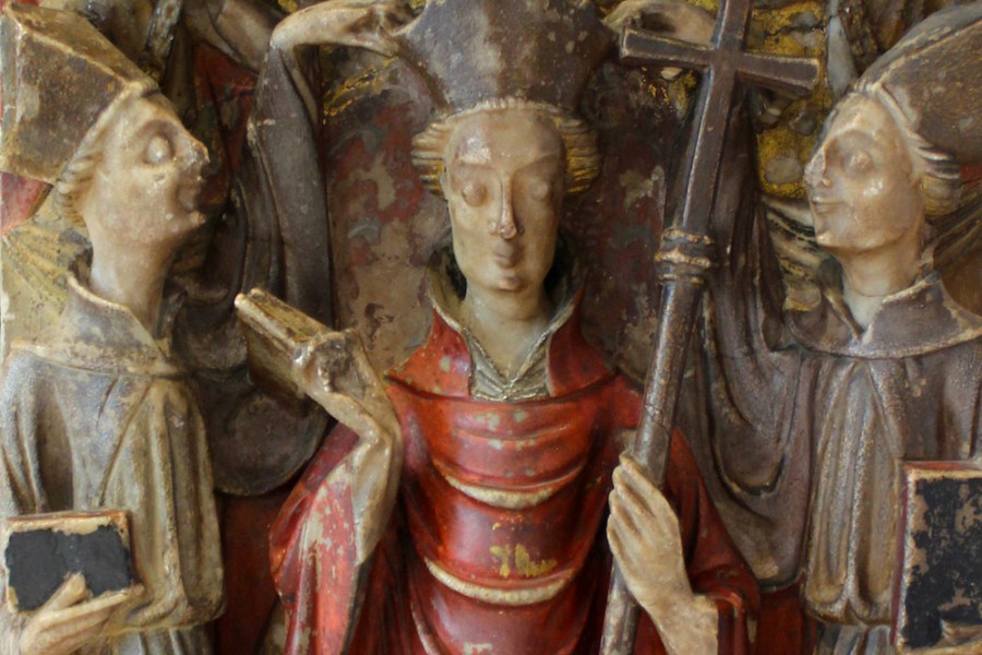Alabaster panel from an altarpiece showing Becket’s consecration as archbishop (detail; first half of 15th century), England.