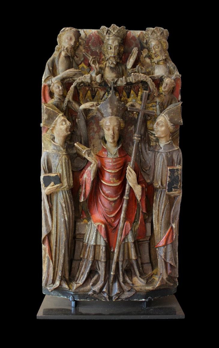 Alabaster panel from an altarpiece showing Becket’s consecration as archbishop (first half of 15th century), England.
