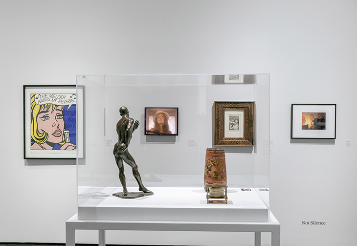 Installation view of a room in 'Not I: Throwing Voices, 1500 BCE–2020 CE' at Los Angeles County Museum of Art.