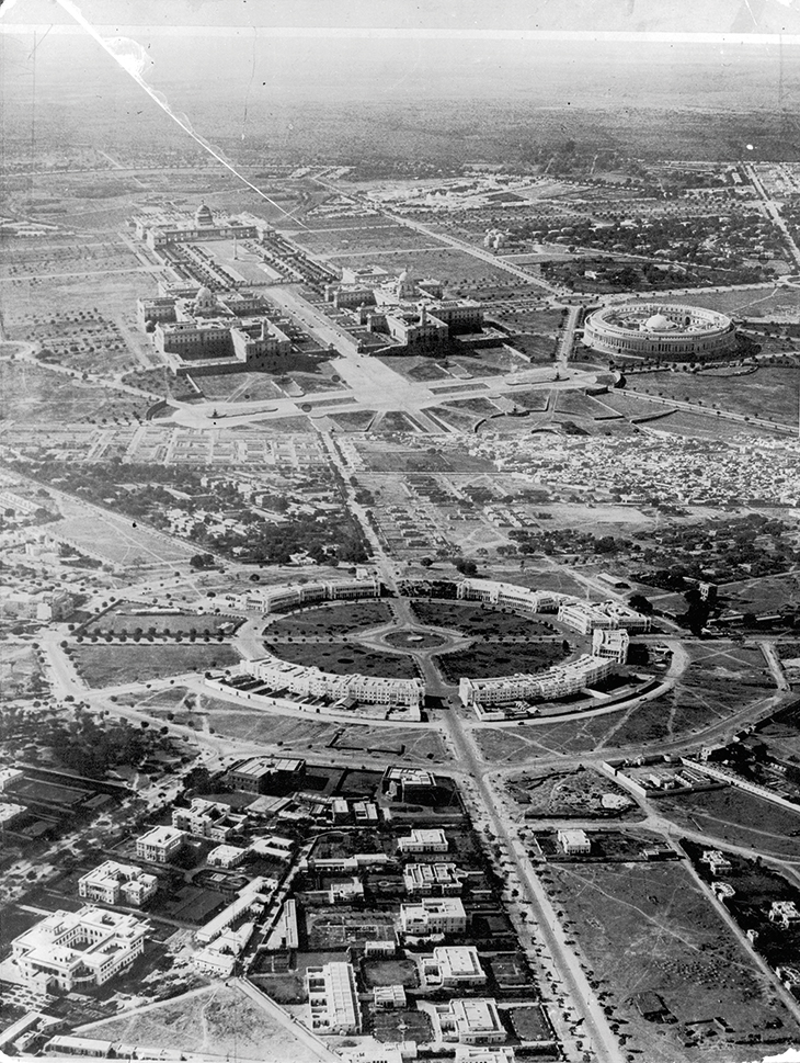 An aerial view of New Delhi, c. 1930. Top left is the Rashtrapati Bhavan (formerly the Viceroy’s, now the President’s House), top right is the parliament building and in the centre is the hexagonal site of the India Gate.