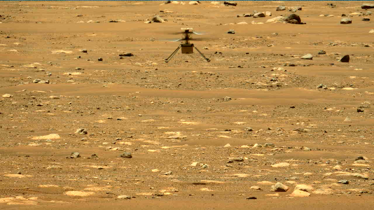 The second flight of the Ingenuity rover on 22 April 2021, as seen by the Perseverance rover.
