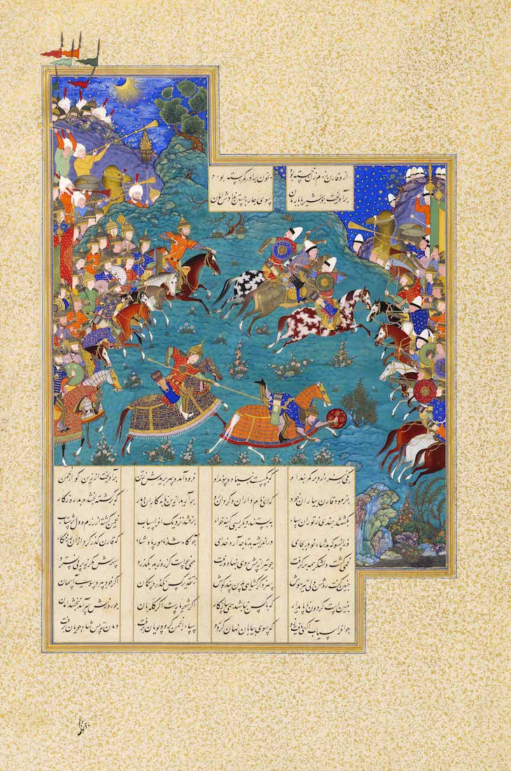 Qaran Unhorses Barman, a folio from the Shahnameh of Shah Tahmasp (c. 1523–35). Photo: © The Sarikhani Collection