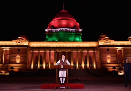 Narendra Modi speaking outside the Rashtrapati Bhawan in New Delhi, in May 2019.