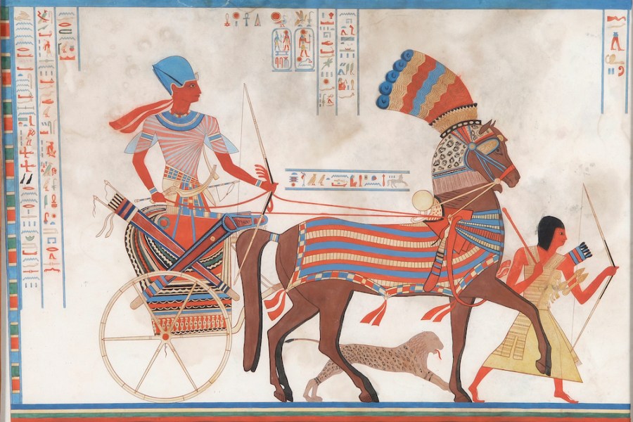 Lithograph depicting Rameses II on his chariot (19th century).