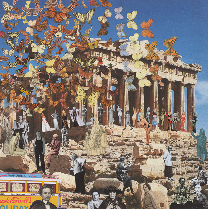Joseph Cornell’s Holiday – Greece, Athens. ‘The Butterfly Man comes out of retirement to stage a Fly-past for 3 coach parties – Women Artists, Famous Blondes and Joseph Cornell’s Wanderlust Tour’ (2017), Peter Blake.