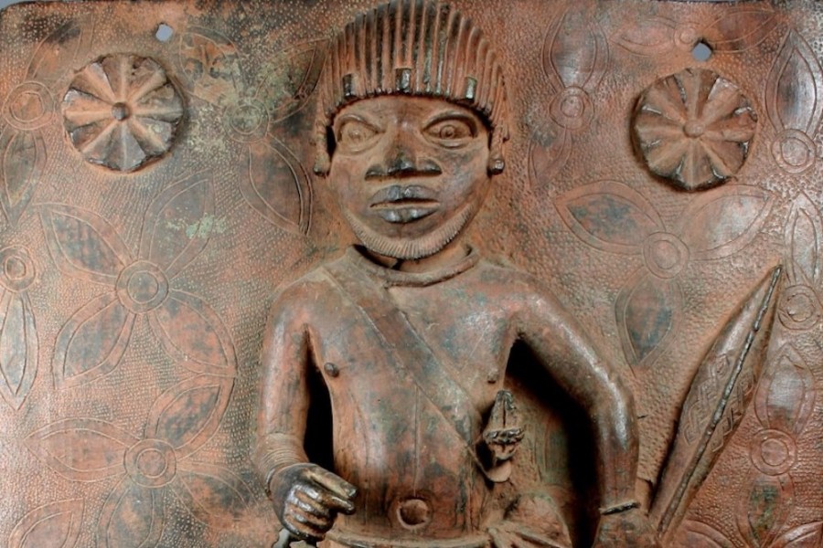 Detail of a 17th-century plaque depicting a junior court official in the Kingdom of Benin – one of two to be returned to Nigeria by the Metropolitan Museum of Art, New York