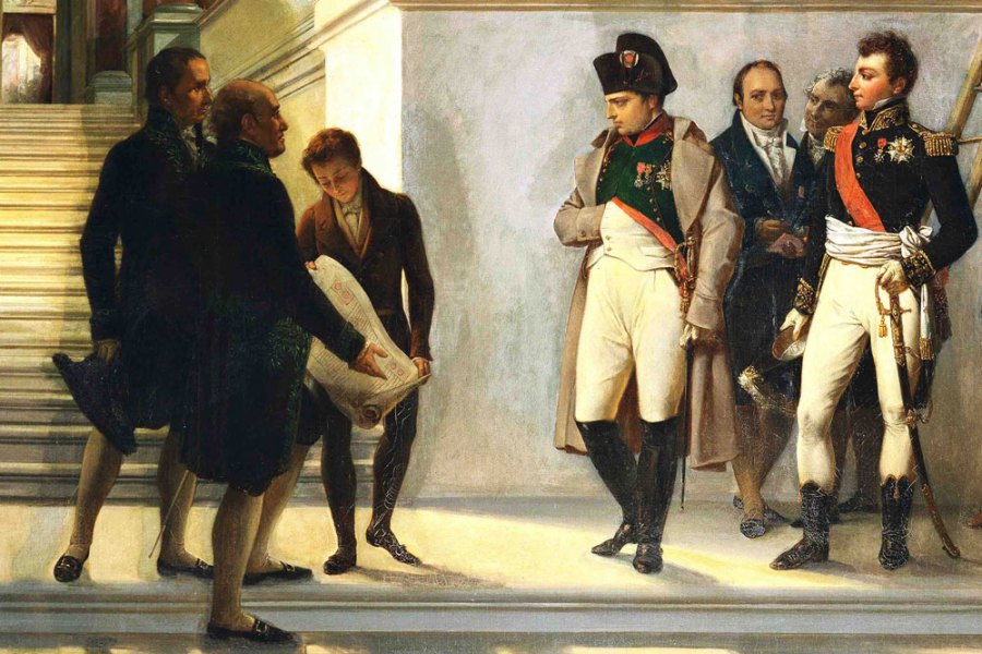 Napoleon visiting the stairs of the Louvre, guided by the architects Percier and Fontaine