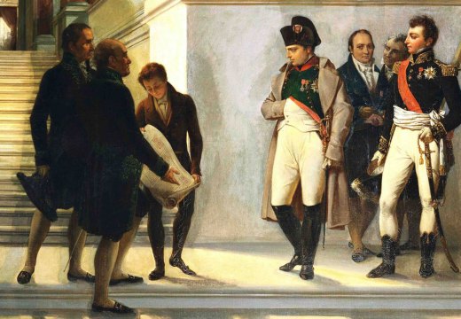 Napoleon visiting the stairs of the Louvre, guided by the architects Percier and Fontaine