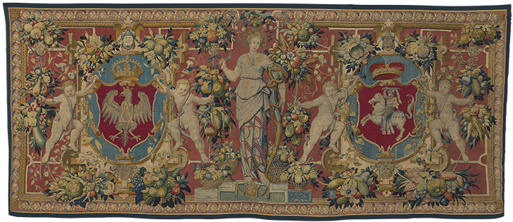 Tapestry with the coats of arms of Poland and Lithuania and a figure of Ceres (1550–60), designed by an artist from the circle of Cornelis Floris and Cornelis Bos, woven by the workshop of Frans Ghieteels. Wawel Royal Castle, Kraków.