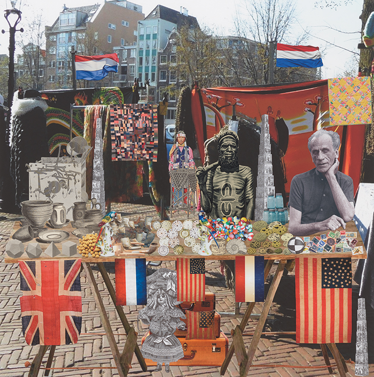 Joseph Cornell’s Holiday – Holland, Amsterdam, Waterlooplein Market. ‘Joseph dreams of a market stall with elements he uses in his work’ (2018), Peter Blake.