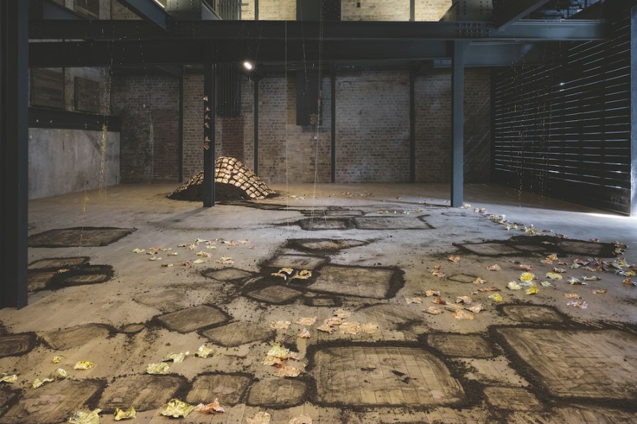 Installation view of ‘Karla Black: sculptures 2001–2021’, in the new warehouse space at Fruitmarket, Edinburgh. Photo: Tom Nolan