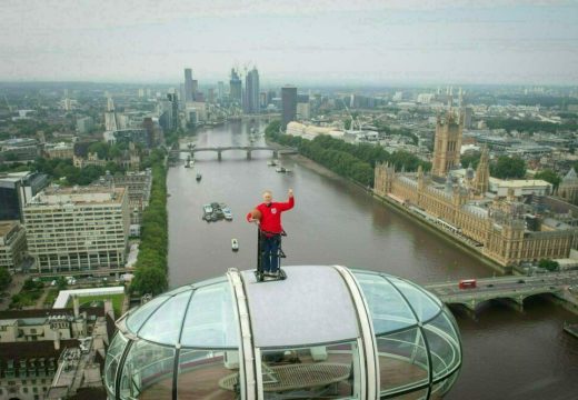 High scorer: Sir Geoff Hurst on top of a pod on the London Eye wearing a replica 1966 World Cup final kit on Friday 9 July, two days before the Euro 2020 final.