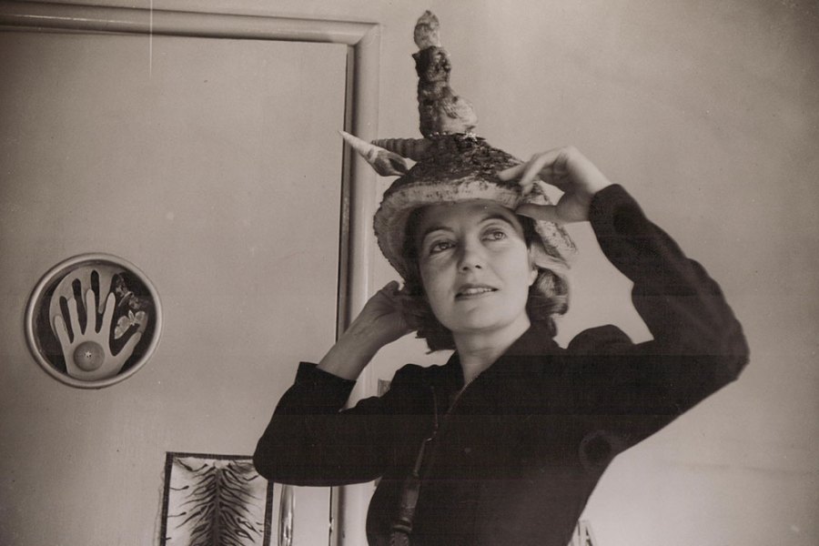 Photograph of Eileen Agar wearing her Ceremonial Hat for Eating Bouillabaisse