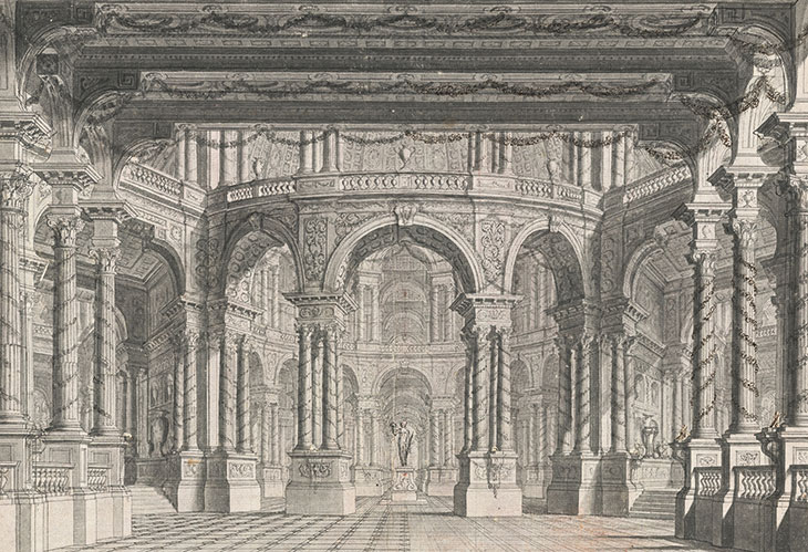 A Colonnaded Stage (c. 1750), Carlo Galli Bibiena. Promised gift of Jules Fisher to the Morgan Library & Museum, New York