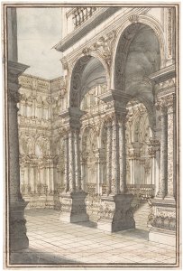 Courtyard of a Palace, a Design for the Stage (c. 1710–20), Giuseppe Galli Bibiena. Promised gift of Jules Fisher to the Morgan Library & Museum, New York