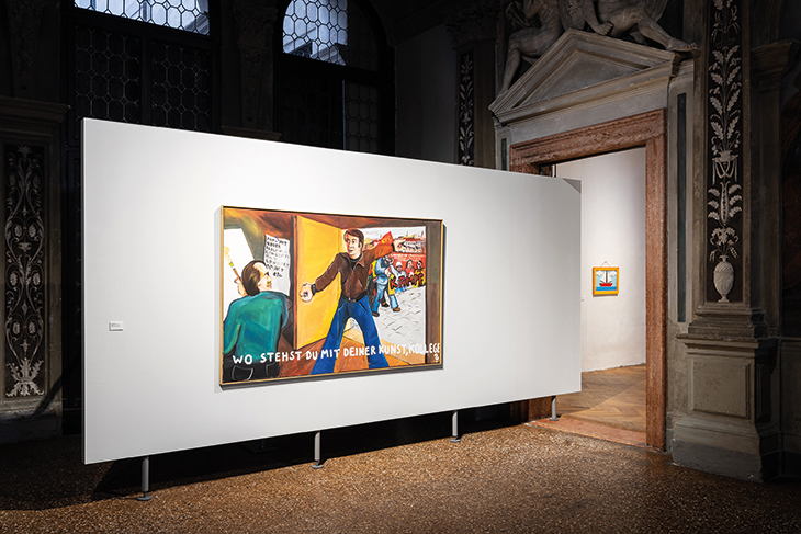 Installation view of Wo stehst du mit deiner Kunst, Kollege? (1973) by Jörg Immendorff in ‘Stop Painting’ at the Fondazione Prada in Venice.