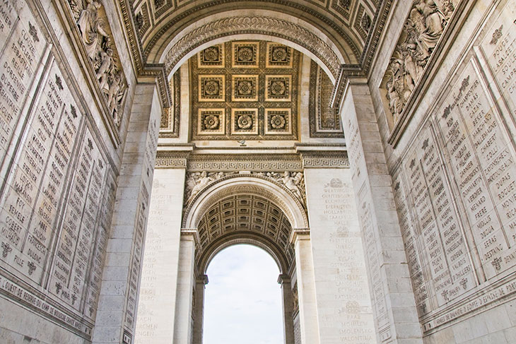 The Arc de Triomphe is inscribed with the names of French generals, mostly from the First Empire. The names of those who died in action are underlined.