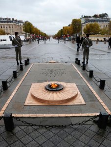 The eternal flame at the Tomb of the Unknown Soldier beneath the Arc de Triomphe, on Armistice Day, 11 November 2017.