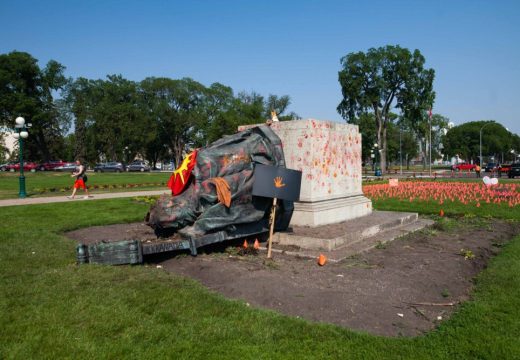 A toppled statue of Queen Victoria on the grounds of the Manitoba Legislature on 2 July, 2021 in Winnipeg, Manitoba, Canada. The statue was pulled down by indigenous protestors following a march to honour survivors and victims of Canada’s residential school system.