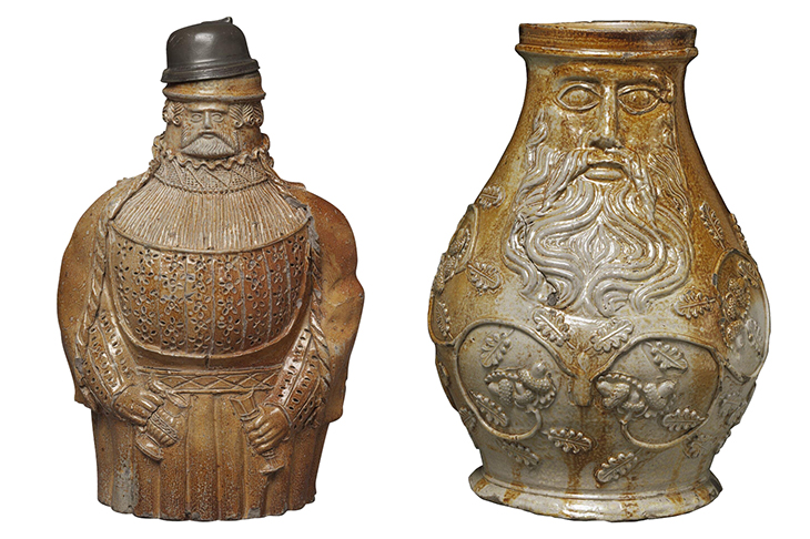 (Left) ‘Bartmann’ jug (c. 1525–50), Cologne; (right) ‘Bartmann’ jug (c. 1540), Cologne, both Victoria and Albert Museum, London